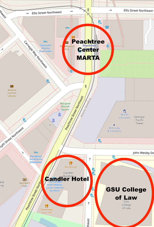 Map showing distance between GSU College of Law, Candler Hotel and Peachtree Station.